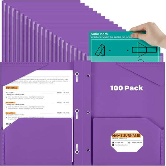 Henoyso 100 Pcs Plastic Folder with Clear Front Pocket and 3 Prong Plastic Folders with Card Slot Pocket Folders with Prongs for School Office (Purple)