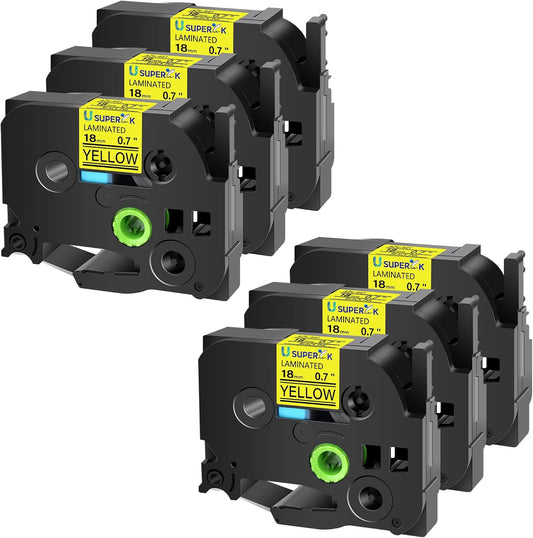 6PK 18mm Yellow Label Tape Compatible for Brother P-Touch Label Maker Tape TZe-641 TZe TZ Label Tape TZ-641 TZe641 18mm 0.7'' Laminated Black on Yellow for PT-D400 D410 D600 D610BT D460BT
