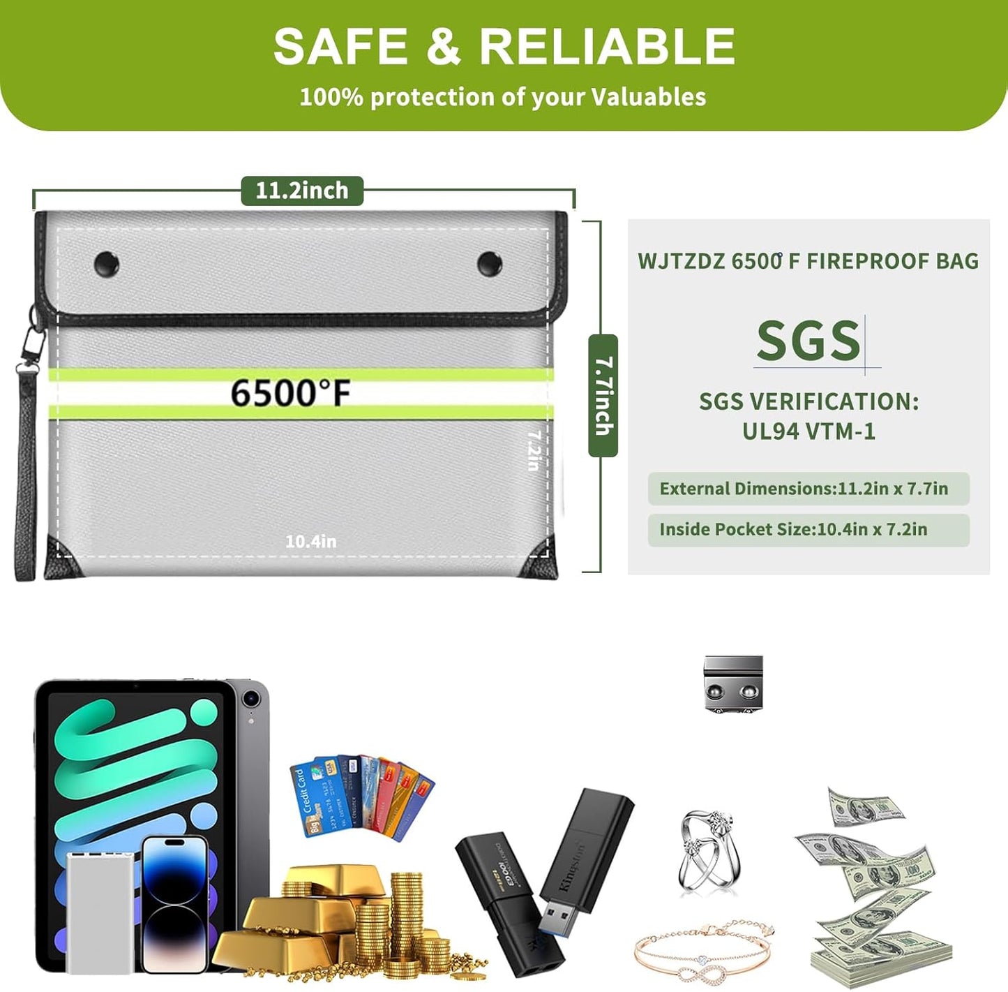 6500°F Upgraded Fireproof Money Bag,10 Layers of Heat Insulated Materials,Fire Proof Box with Waterproof Zipper/Reflective Strip,Document Bag with Handle for Cash,Important Documents（Not Fit A4 Files）