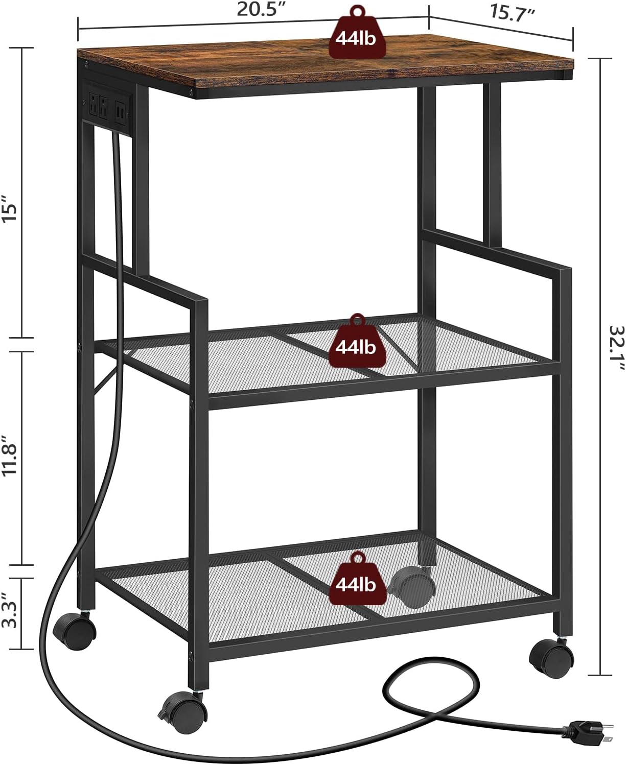 Mobile Printer Stand, 3-Tier Industrial Printer Cart with Power Outlets and 2 USB Ports, Rolling Printer Table on Wheels for Home Offices Kitchen Organization Rack, Rustic Brown PTHR78E01