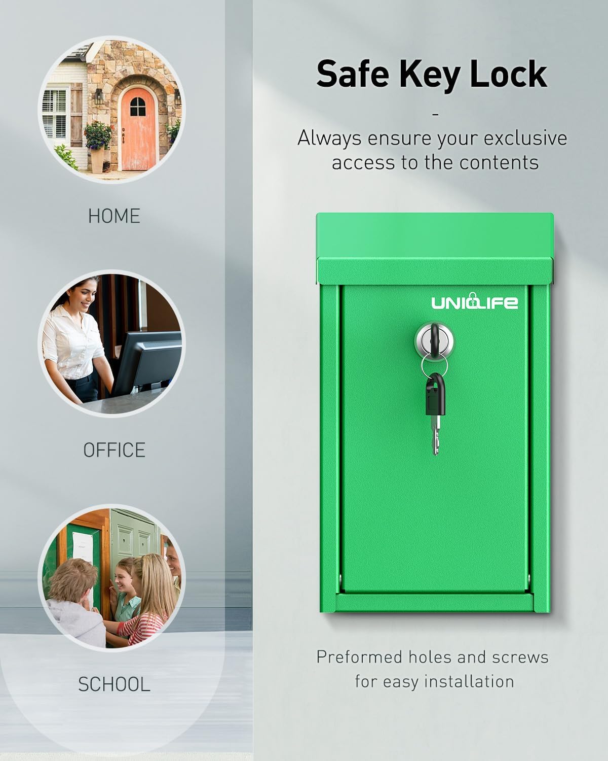 Uniclife Green Key Drop Box for Outside, Metal Safe Suggestion Box with Key Lock, Collection Boxes Donation Chest, Wall Mounted Mailbox with Top Slot, Steel Cash Drop Chest for Home Office Business