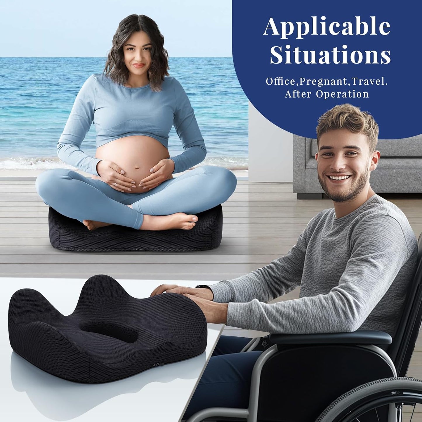 Benazcap Wheelchair Cushions Seat Cushion for Tailbone Pain Relief/Hemorrhoid - Hip Shaped Memory Foam Office Chair Cushions to Unleash Supreme Comfort in Office, Home, and Car Seating-Black