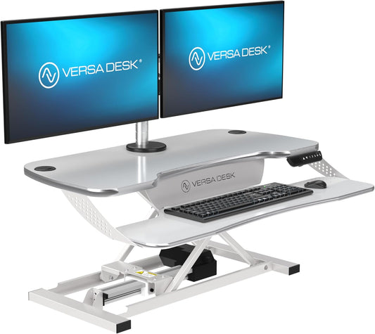 VERSADESK® PowerPro™ Elite 36” x 24" – App Controlled Electric Standing Desk Converter w/USB Charging Port. Raises up to 20”. Fully Assembled – Includes LED Lights. Supports 80 lbs. – White