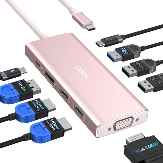 HODO USB C Docking Station Dual Monitor Adapter for Dell HP, Laptop Docking Station 3 Monitors Quad Display USB C Hub Dongle to 2 HDMI 4K,DP 8K, VGA,4 USB,PD, 9 in 1 Dongle Laptop Adapter