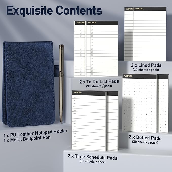 WEMATE 10 Pieces Small Notepad Holder Set Pocket Notebook - Included Mini Pocket Notepad Holder Set with 8 Memo Book Refills and Metal Pen for Meetings, Daily Records, and Notes 3 x 5 Inch (Blue)