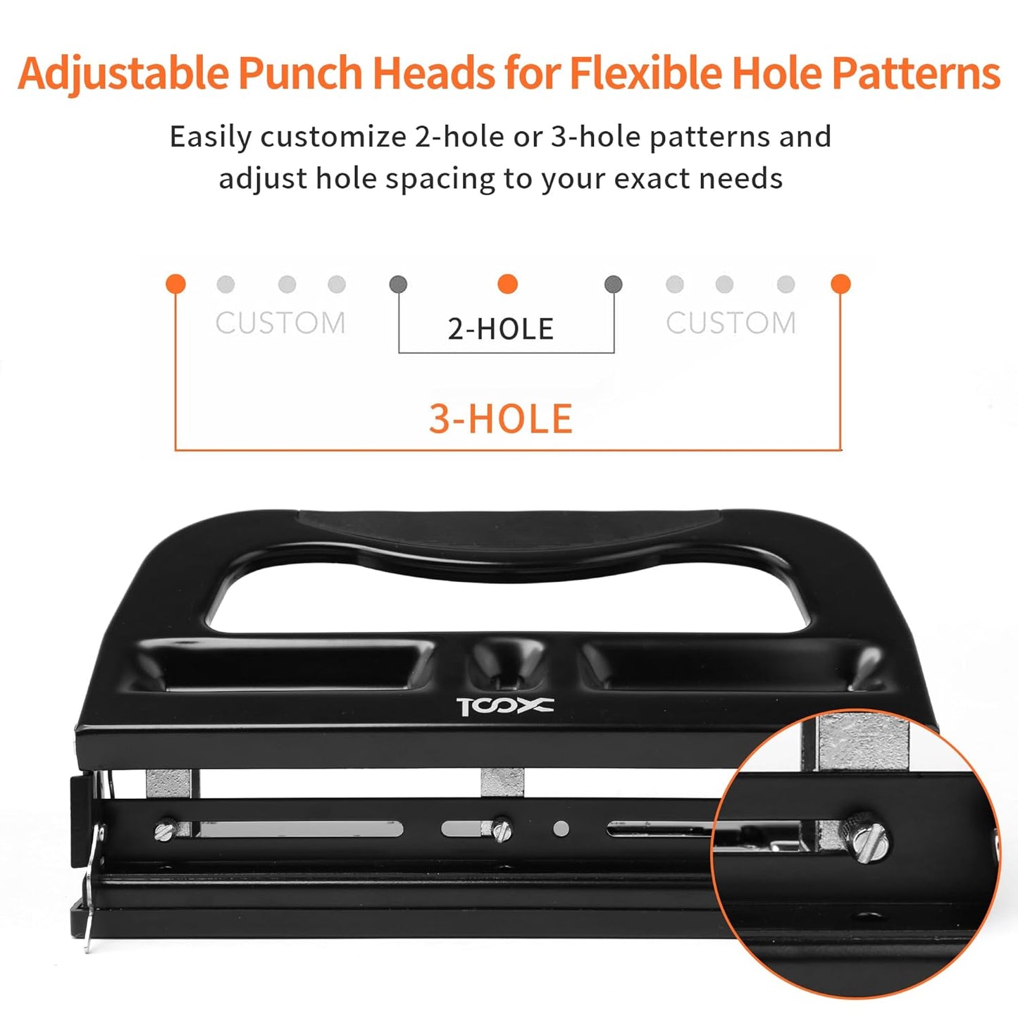 XOOL 3 Hole Punch, Heavy Duty Metal Hole Puncher for 2 or 3 Holes, 9/32" 7mm Hole Diameter, 40-Sheet Capacity, Adjustable Hole Spacing, Non-Slip Base for Office & School