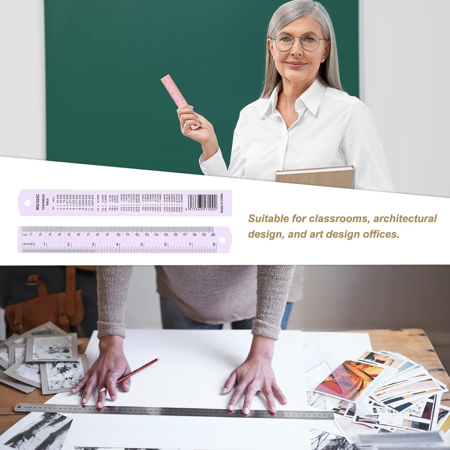 HARFINGTON 6pcs Metal Straight Ruler 20cm Metric SAE Aluminum Alloy Measuring Rulers Scale Tool with Hole for Measure Study Reading Classroom Office, Purple