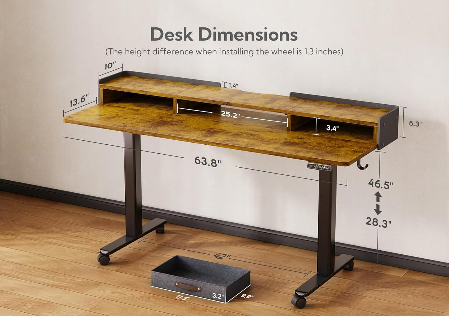 YDN Rustic Brown 2-Tier Adjustable Electric Standing Desk, 63 inch, Modern Design with 2 Drawers, Felt Fence, Hook, for Office