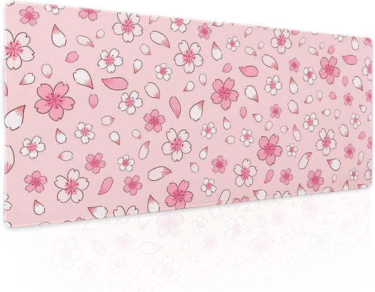 Pink Cherry Blossom Gaming Mouse Pad XL Cute Anime Aesthetics Floral Extended Kawaii Flowers Large Mousepad Non-Slip Rubber Base Stitched Edge Long Keyboard Desk Mat for Computer,31.5×11.8 Inch