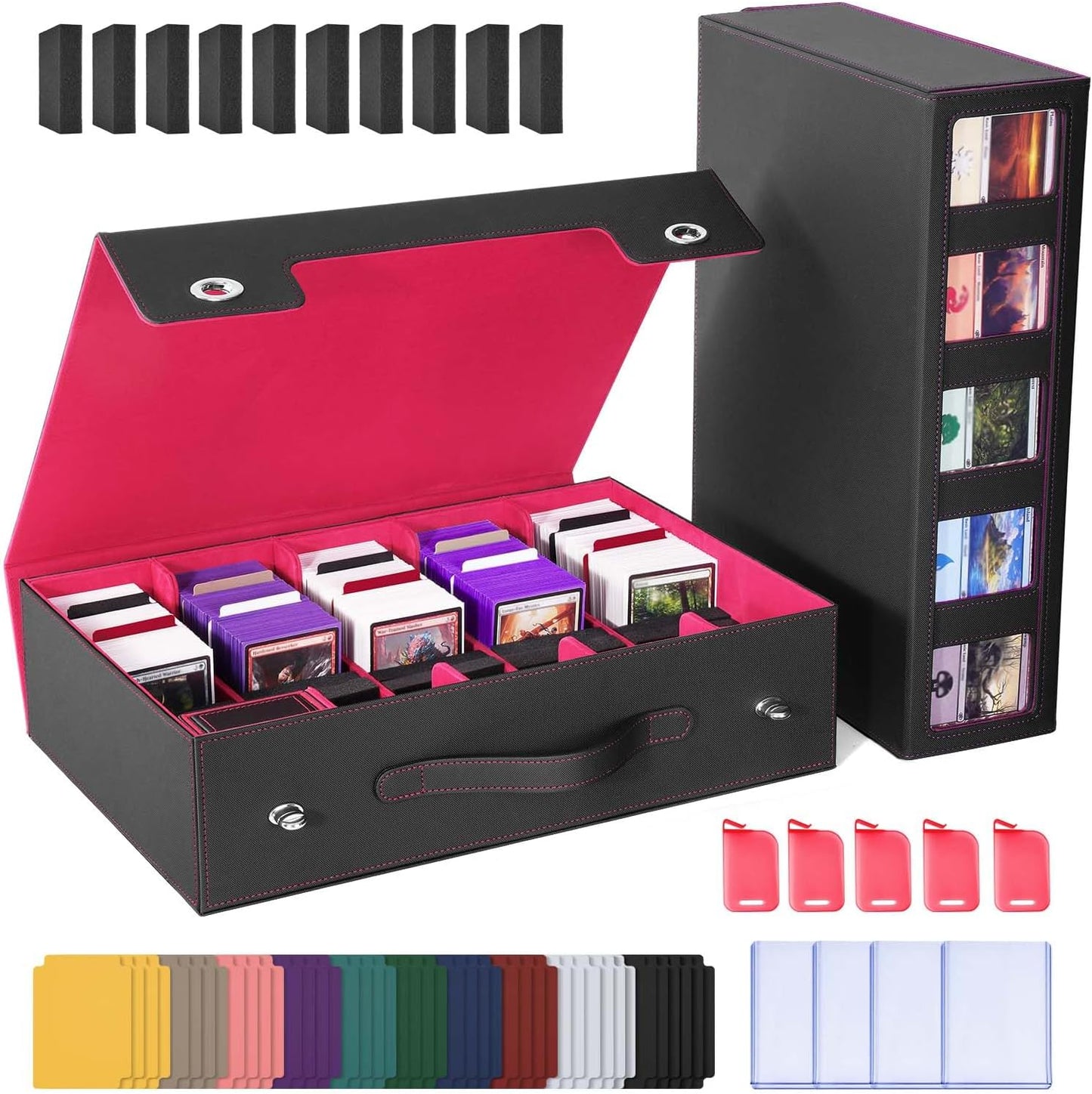 Trading Card Storage Box with Commander Display, 5 Row Magic Card Box with Handle & Aluminum Alloy Locking for 3900+ Unsleeved Cards Suits for MTG PTCG TCG Sports Cards (Black Red)