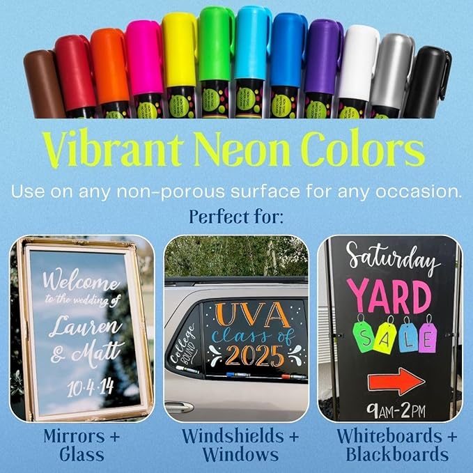 Liquid chalk markers washable, erasable, dry or wet erase. 6 neon markers for whiteboards, glass boards, mirrors, chalkboards, windows, car windshields, glass. Non-toxic, reverse tip pens