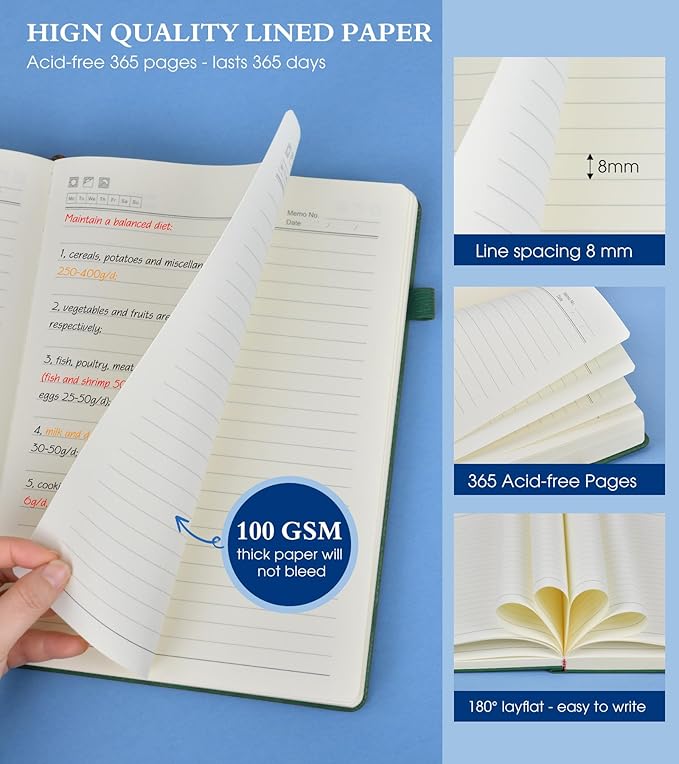 A5 Lined Journal Notebook - 365 Page Leather Journals for Writing Women & Men，Hardcover Notebook with 100Gsm Thick Pages，Daily Diary for Travel, Work，School，Note Taking，College Ruled (5.9" x 8.5")