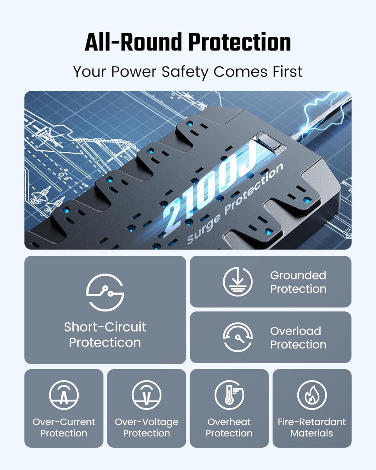 SUPERDANNY Power Strip Surge Protector with 10ft Extension Cord - 22 Outlets, 6 USB Ports, 45W Fast Charging - 1875W/15A, 2100J, 45°Plug, Mountable - Ideal for Home, Office, Gaming, PC, Streaming
