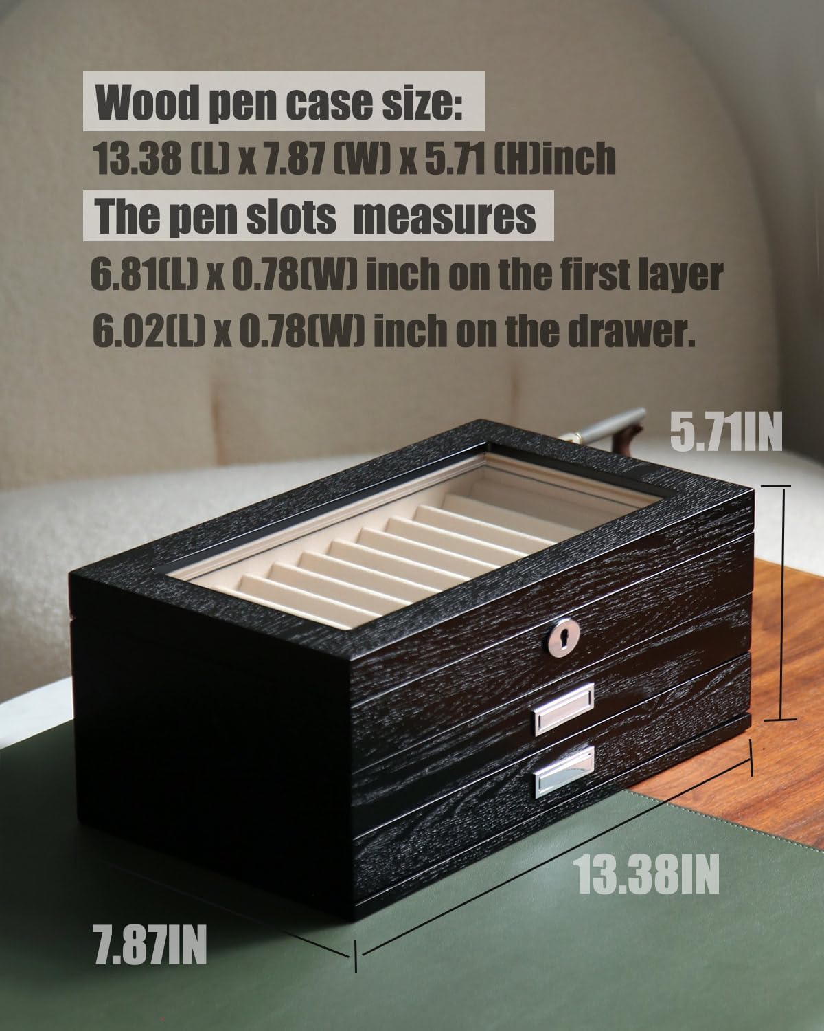 Pen Display Case with 36 Pen Slots, Fountain Pen Case, Wood Pen Storage Organizer, Pen Box Display for Men Gift, Pen Collector with Glass Window(Black ash Veneer Finish, Creamy-White Velvet)