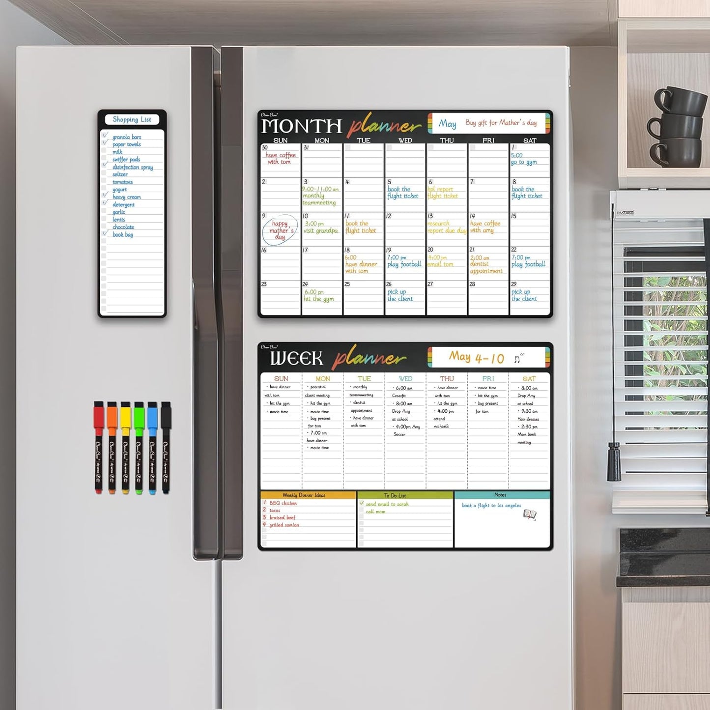 Magnetic Dry Erase Monthly Calendar Set - 17"x12" Monthly and Weekly Calendar, 4"x12" List Board for Fridge - 6 Extra Fine Point Markers Included - Shipped Flat