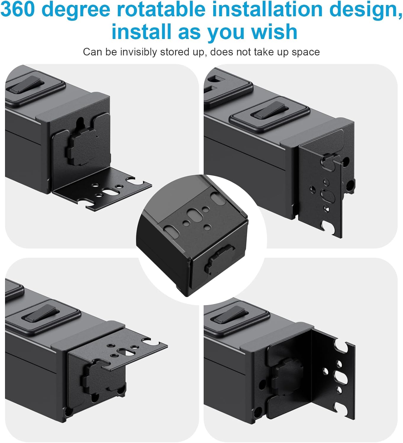 HHSOET Metal 360° Rotating Mountable Power Strip, 8 Outlet Gaming Table Mounted Outlet Strip, Heavy Duty Wall Mount Surge Protector with Switch, 15A 125V 1875W, 6ft Power Cord.(Black)