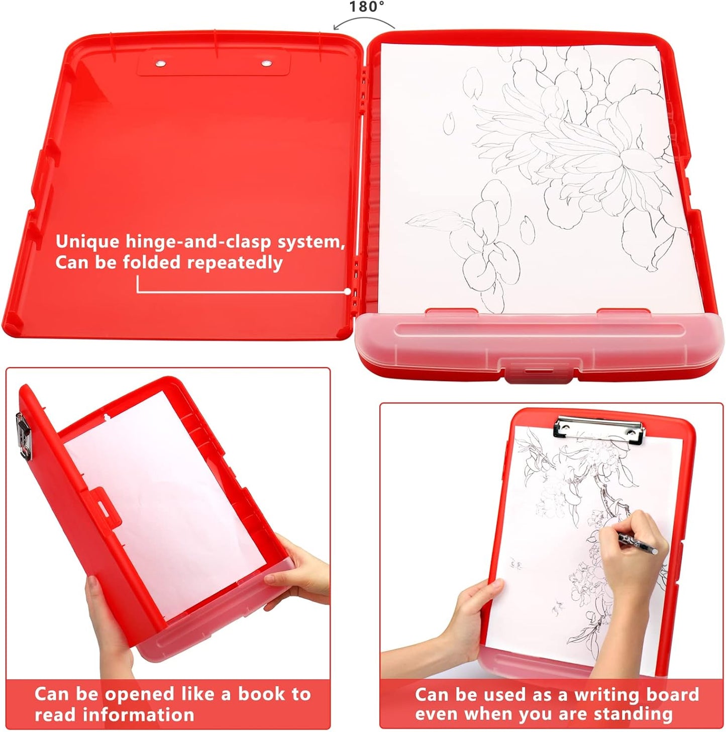 Clipboard with Storage,A4 Binder Nursing Clipboards with Pen Holder,Heavy Duty Storage Clipboard with Low Profile Clip,Clipboards Folder Side-Opening,Smooth Writing Clip Board Office Supplies(Red)
