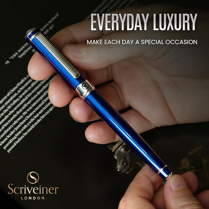 Scriveiner Personalized Midnight Blue Pen - Stunning Blue Lacquer Luxury Pen, Chrome Finish, Schmidt Ink Refill, Best Engraved Roller Ball Gift Set for Men & Women, Custom Name Engraving