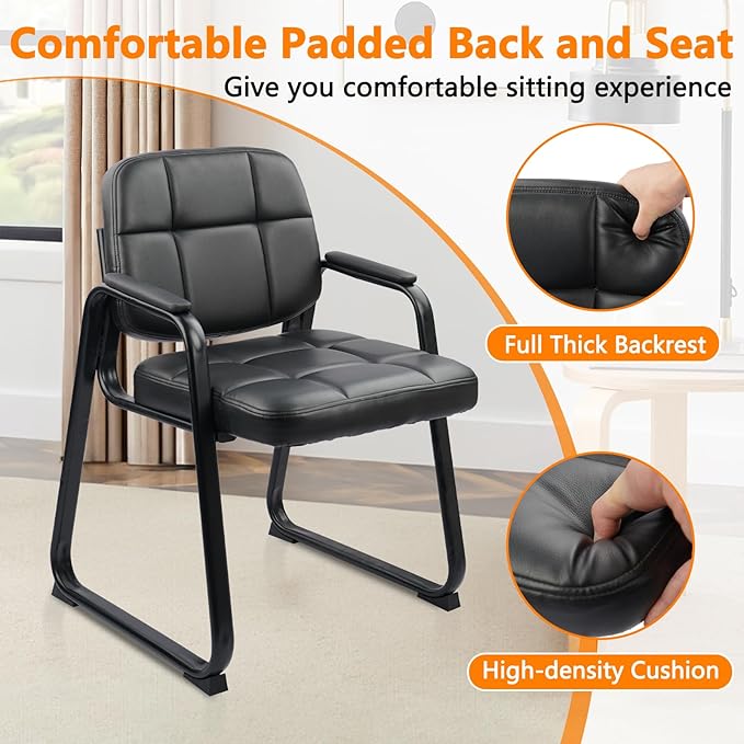CLATINA Waiting Room Guest Chair with Bonded Leather Padded Arm Rest for Office Reception and Conference Desk Black with Sled Base 2 Pack