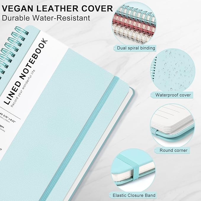 Lined Spiral Journal Notebook, A5 Hardcover Leather Notebook for Work, 5.7''×8.2'', 100GSM Thick Paper Spiral Bound Journaling Notebook for Women Men Office School Note Taking Business, Morandi Green