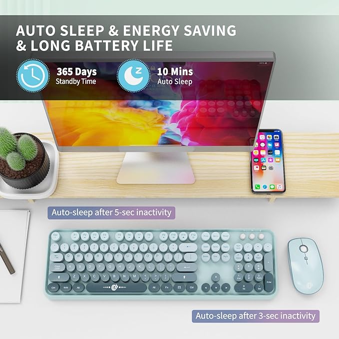 Wireless Keyboard and Mouse Combo, 2.4 GHz Wireless Full-Sized Typewriter Keyboard with Round Keycaps for Windows, Computer, Desktop, PC, Laptop (Light Blue)