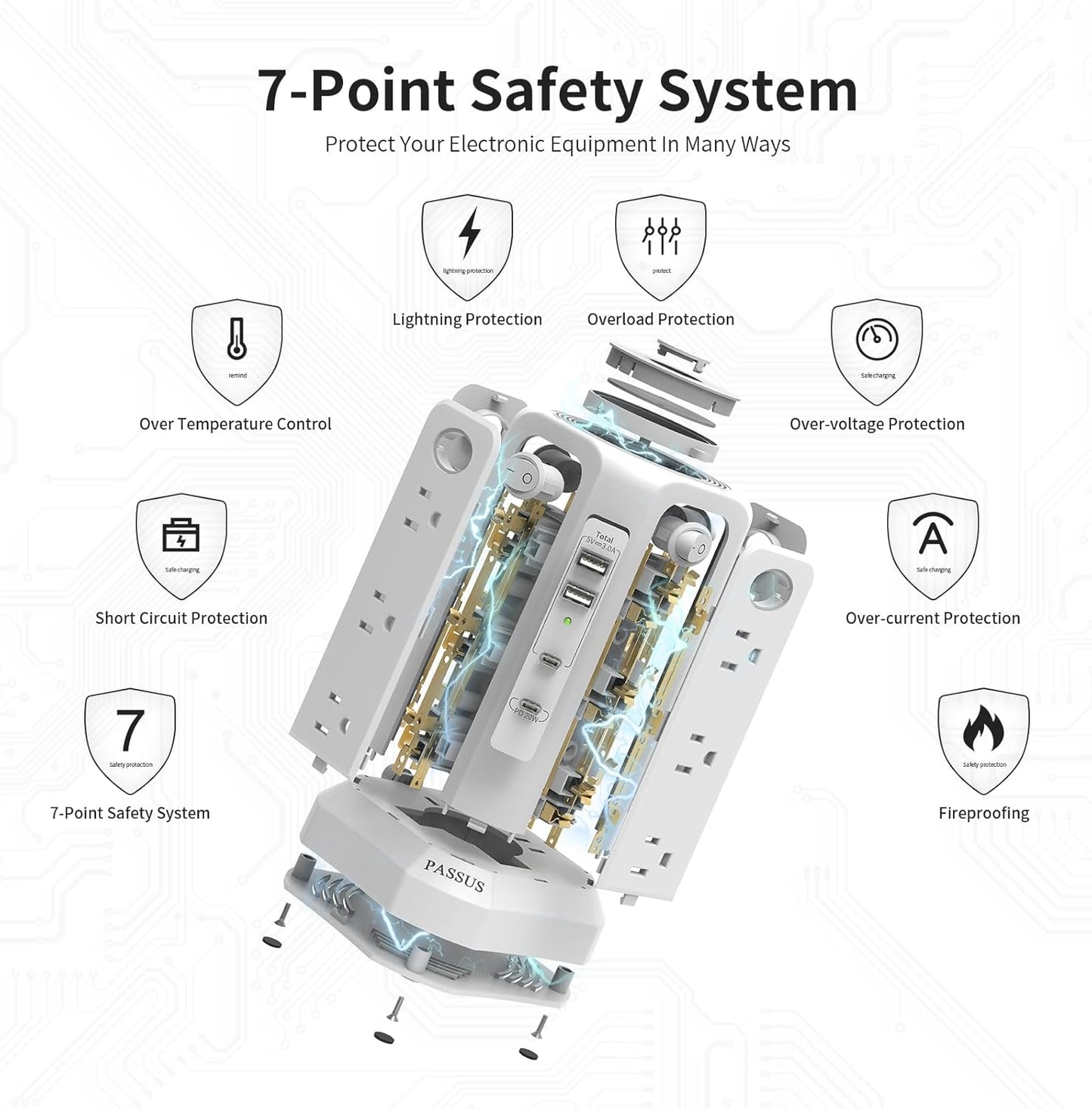 Long Surge Protector Power Strip 16 FT Cord, PD20W USB C Power Strip Tower with Night Light, Extension Cord with Multiple Outlets with 4 USB Ports, PASSUS Charging Station Home Office Essentials White