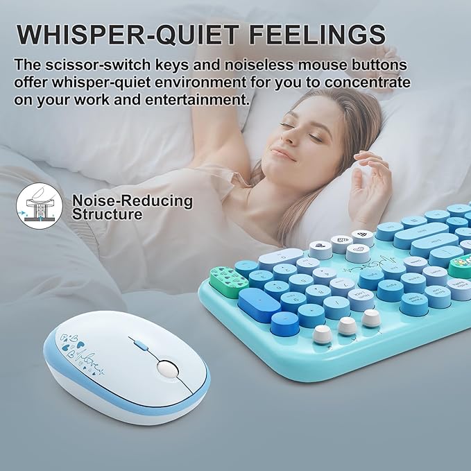 Wireless Keyboard and Mouse Set, 104 Round Keys Full-Size Cute Colorful Keyboard and Mouse with Retro Typewriter for PC/Mac/Laptop/Tablet/Computer/Windows Blue