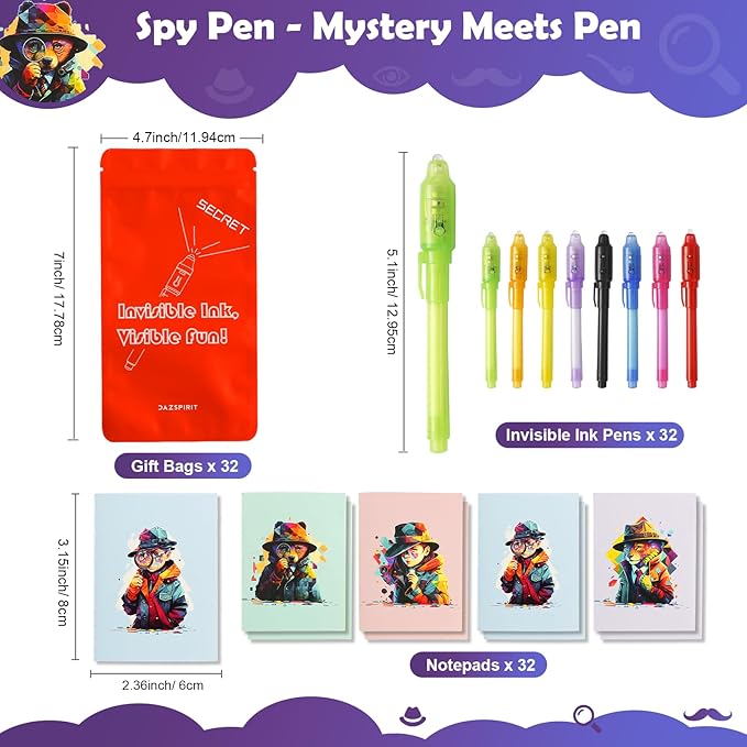 32Pcs Invisible Ink Pen with UV Light, Mini Notepads & Favor Bags, Spy Pens, Top Secret Message Magic Marker, Party Favors for Kids 8-12, Class Prizes, Detective & Escape Room Themes