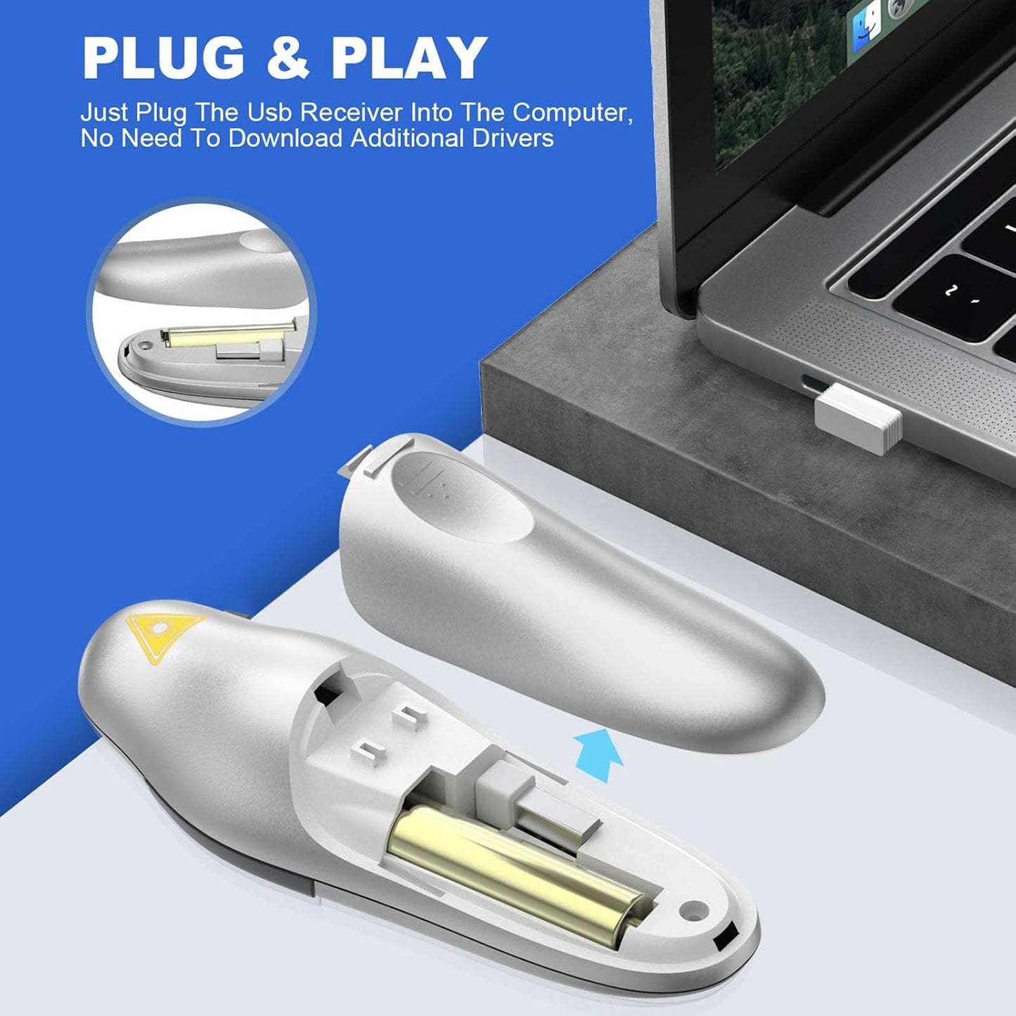 QUI Presentation Clicker Wireless Presenter Remote Clicker for PowerPoint Presentation Remote, PowerPoint Slide Advancer for Mac/Windows/Linux, Google Slide/PPT/Keynote, USB, Silver