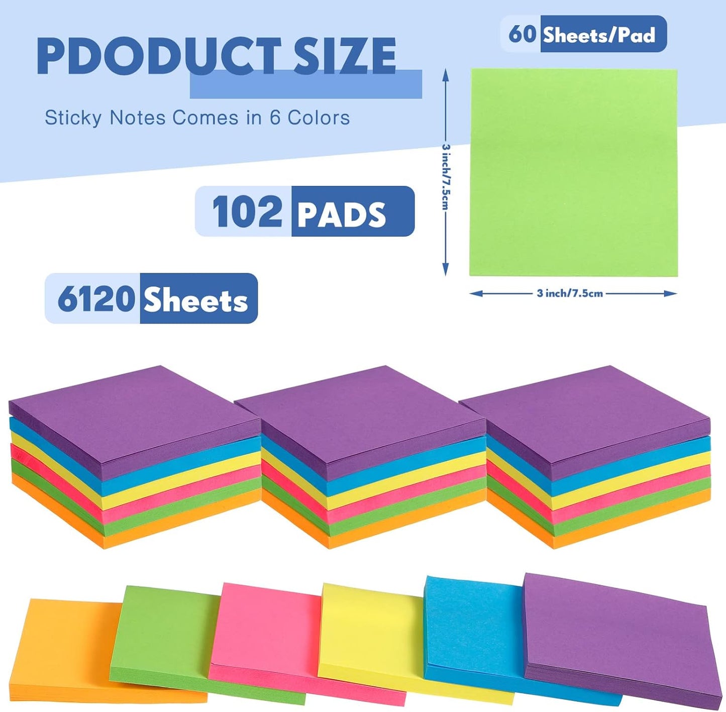 Leinuosen 102 Pack Sticky Notes 3 x 3 Inches Cute Sticky Notes Bright Colors Self Stick Pads Memo Easy to Post for Home Desk Office Notebook, Message Reminder, Stationary Supplies Office Supplies