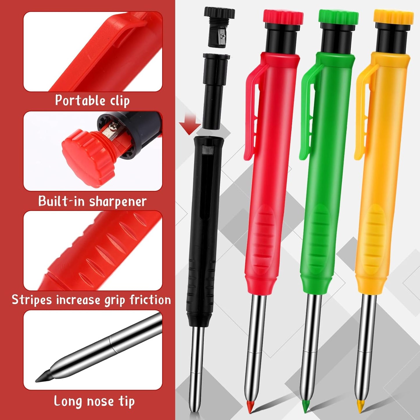 8 pack 2.8mm Mechanical Carpenter Pencils with 48 Refills, Construction Pencils with Built-in Sharpener, Long Nib Deep Hole Marker, Heavy Duty Woodworking Tools(Black+yellow+red+green)