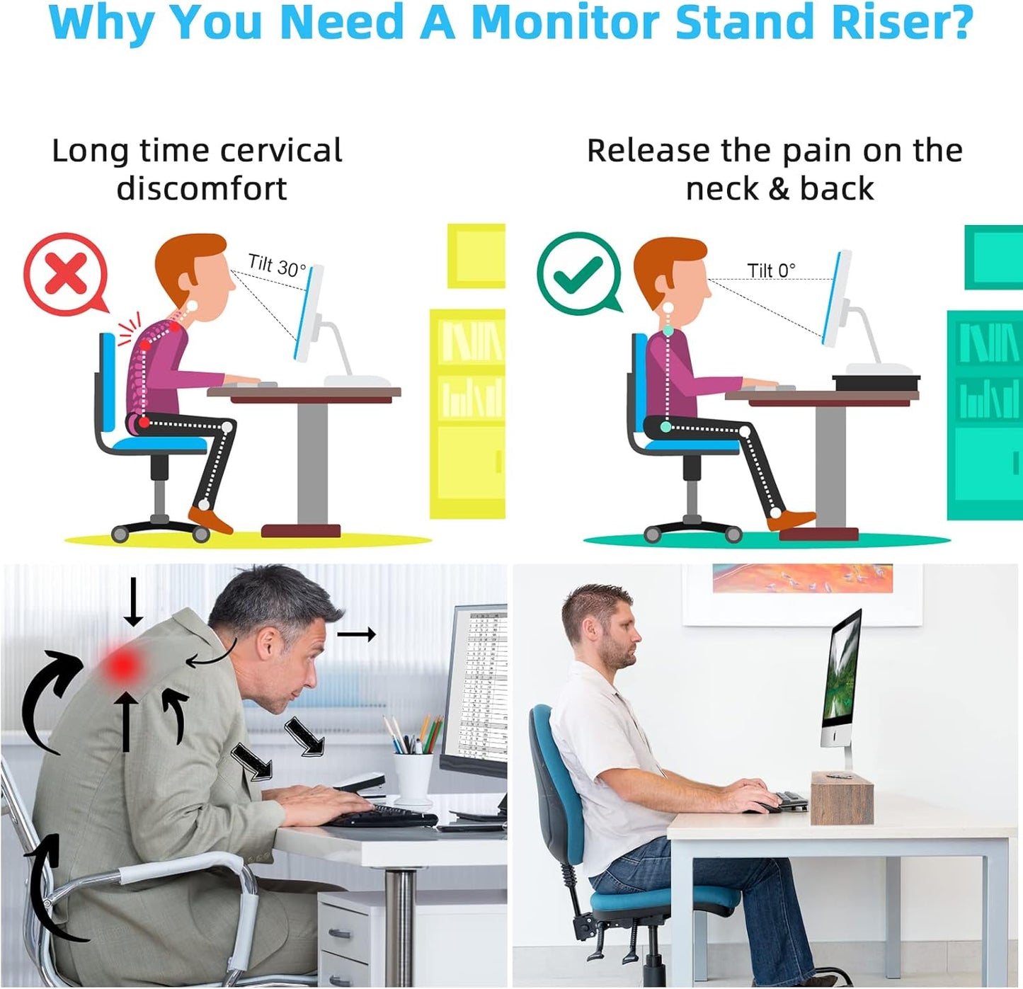 Marbrasse 16.5 Inch Monitor Stand, 2 Tier Computer Monitor Riser with Printer Shelf, Laptop Computer Screen Storage, Desktop Stand - Phone Holder & Cable Management (Vintage)