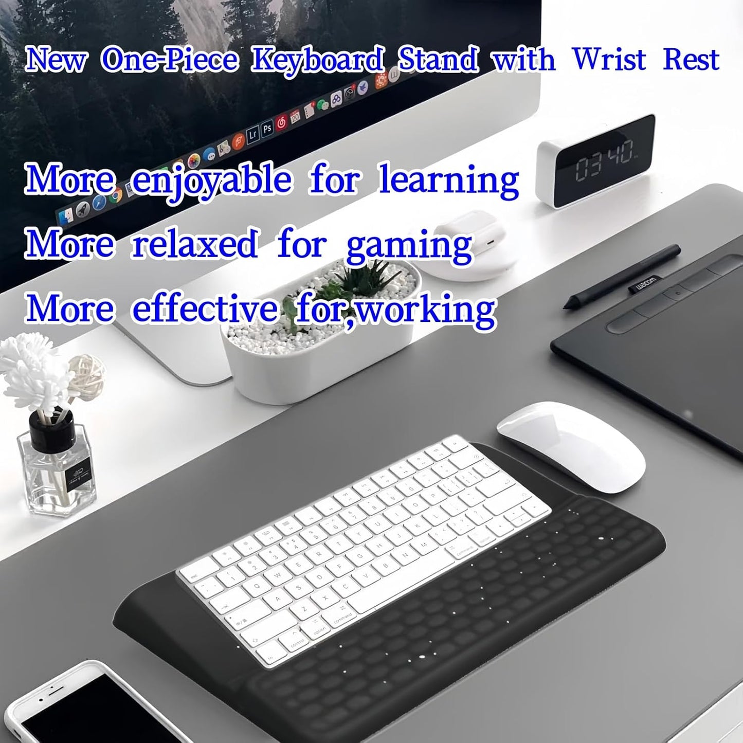 Ergonomic one-Piece Computer Keyboard Stand with Wrist Rest for Desktop Offers Two Support Angles. Silky Lycra Surface and Memory Foam Comfortable Hand Support (Black Star)