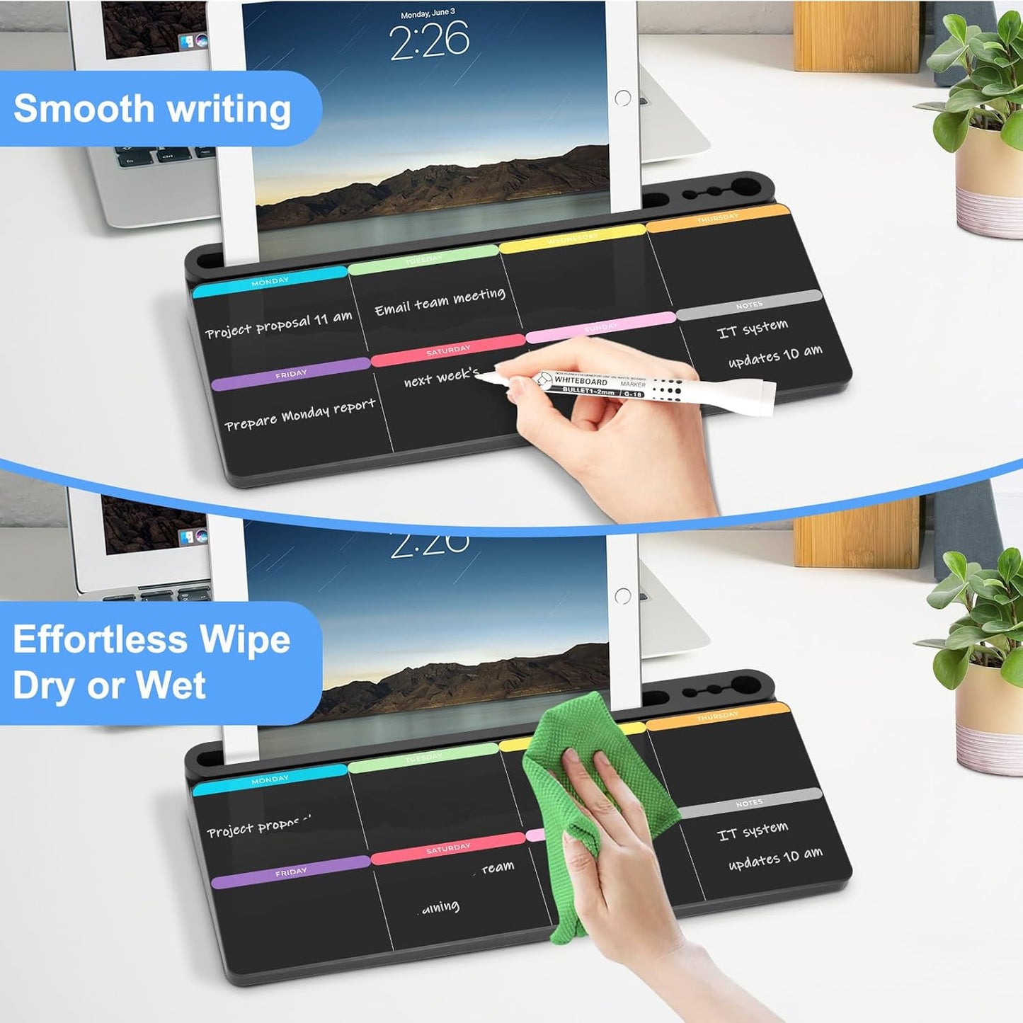 Desktop Glass Whiteboard with Storage, Colorful Weekly Calendar Desk Dry Erase White Board, Desk Organizers and Accessories, Weekly Planner with Notes for List, Planning, Memo, Office, Home, School