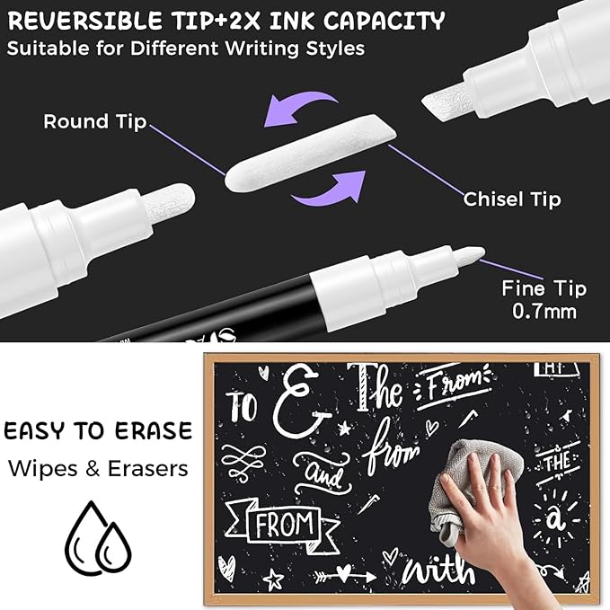 SFAIH White Liquid Chalk Marker Pen - 8 Wet Erase Chalkboard Markers for Blackboard, Signs, Windows, Glass, 4.5-6mm Reversible Tip & 0.7-1mm Fine Tip