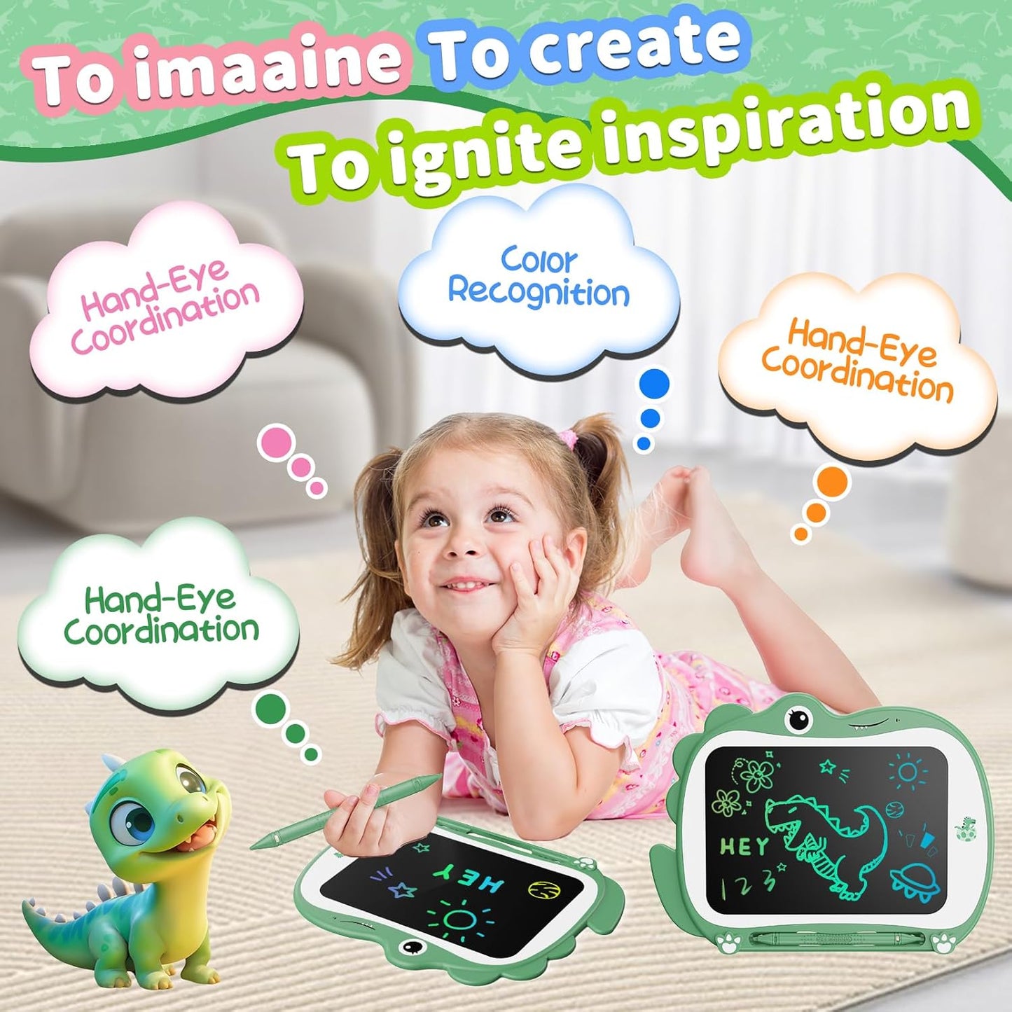 8.5 Inch Dinosaur LCD Drawing Tablet Writing Board Toddler Toy Educational Toys Birthday Christmas Gifts Toys for 3 4 5 6 Years Old Boys and Girls (Green)