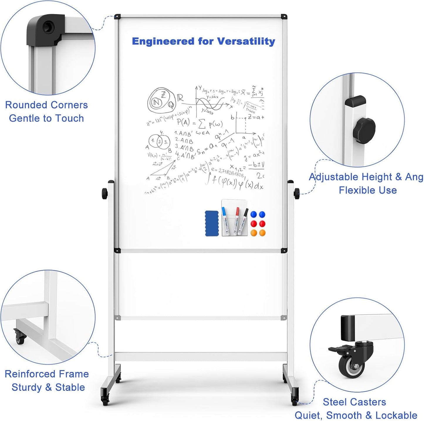 Rolling Whiteboard on Wheels, Double-Sided Magnetic Dry Erase Board with Stand, Mobile White Board for Office, Classroom, Home (28" x 40")