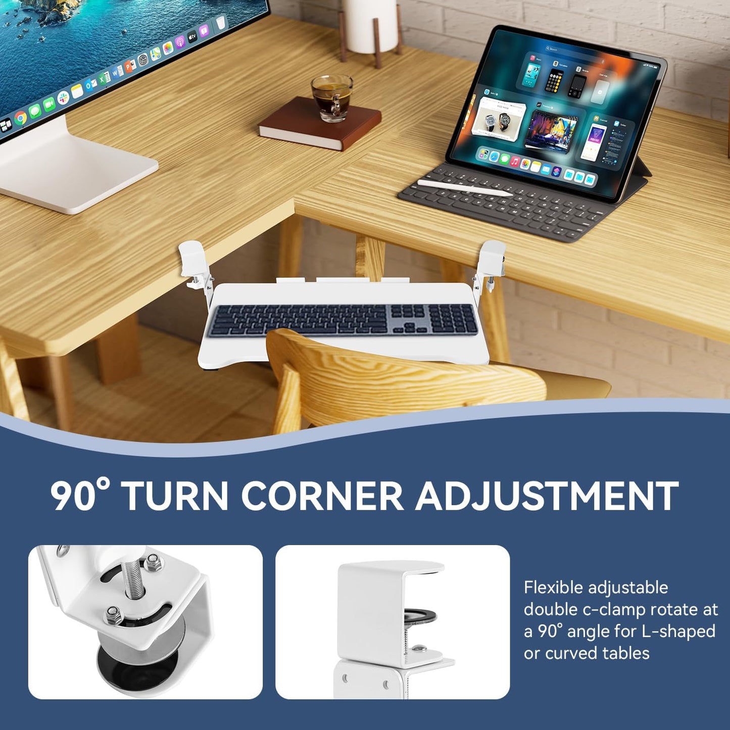 VUSIGN Keyboard Tray Under Desk Height Adjustable,Pull Out with Adjustable C Clamp Mount System for L-Shaped Tables, Extra Sturdy, 26.4” x 11.8” Slide-Out Platform Computer Drawer for Typing,White