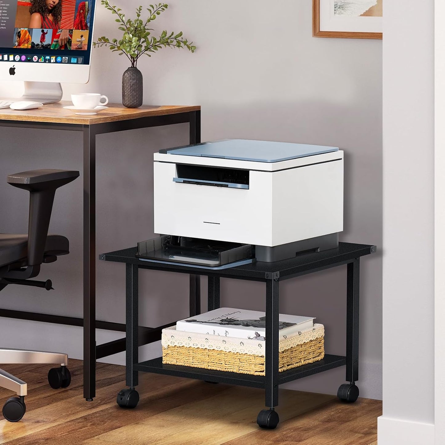 Lerliuo Under Desk Printer Stand, 2-Tier Industrial Mobile Printer Table with Storage Shelf and Steel Frame, Rolling Printer Cart Holder with Lockable Wheels for Home, Office (Black)