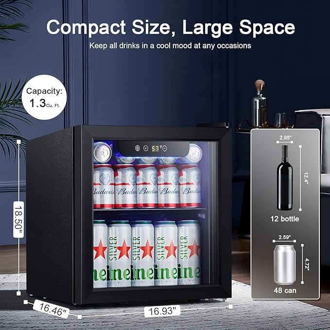 Antarctic Star Mini Fridge Cooler - 12 Bottle 48 Can Beverage Refrigerator Glass Door for Drinks or Beer Wine –Small Drink Dispenser for Home, Office or Bar, Electronic Temperature Control，1.3cu.ft.