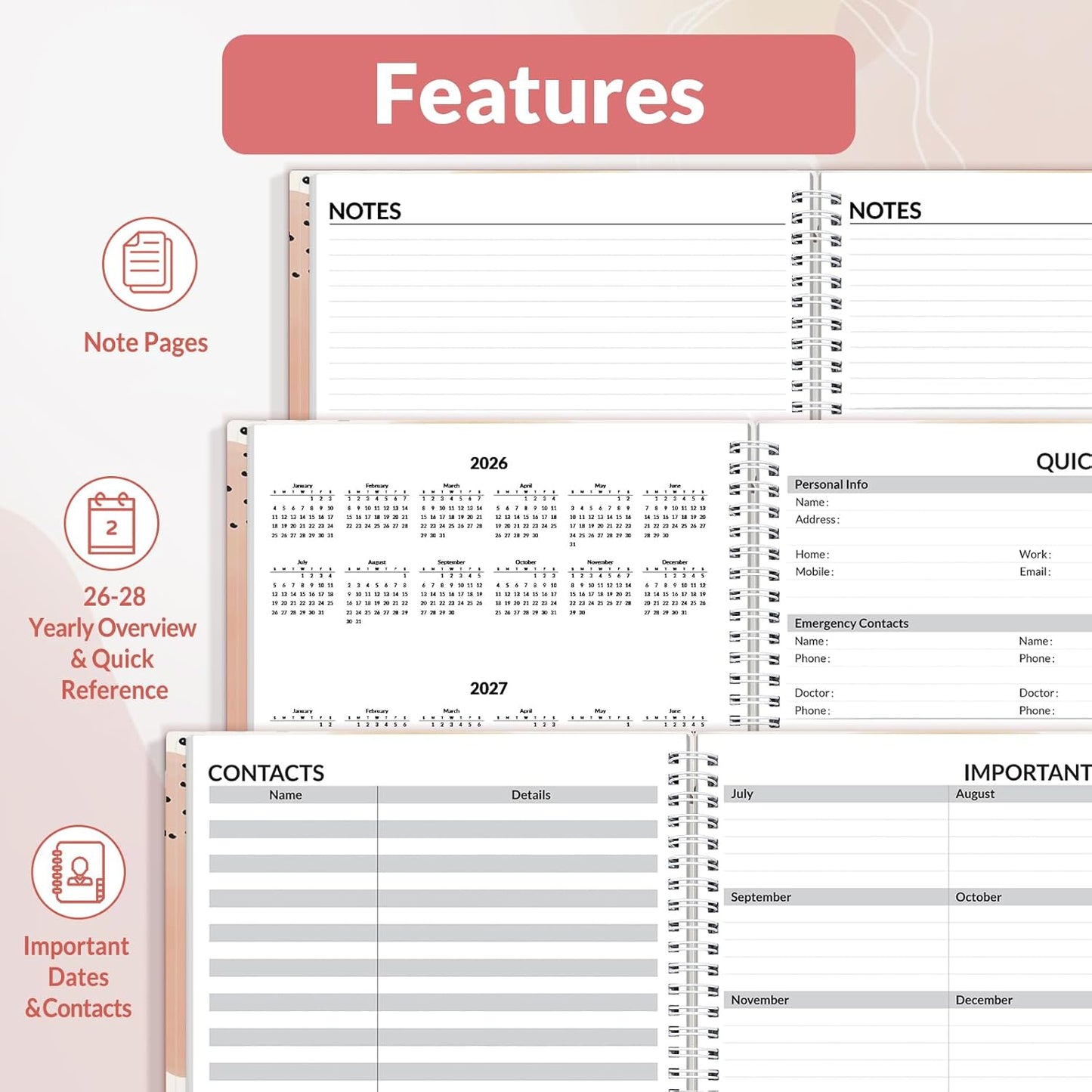 SUNEE 2026 Weekly and Monthly Planner - from January 2026 - December 2026, 8.5"x11" Daily Agenda Planner with Monthly Tab, Flexible Cover, Note Pages, Pockets, Bookmark, Spiral Binding, Pink Breeze