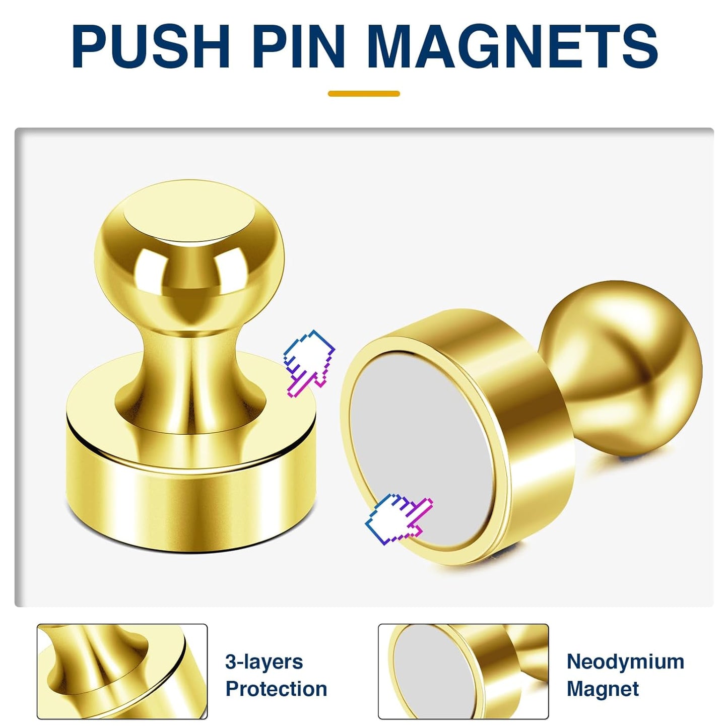 MIKEDE Fridge Magnets - 15 Pcs Gold Neodymium Push Pins for Whiteboard, Office, School & Classroom