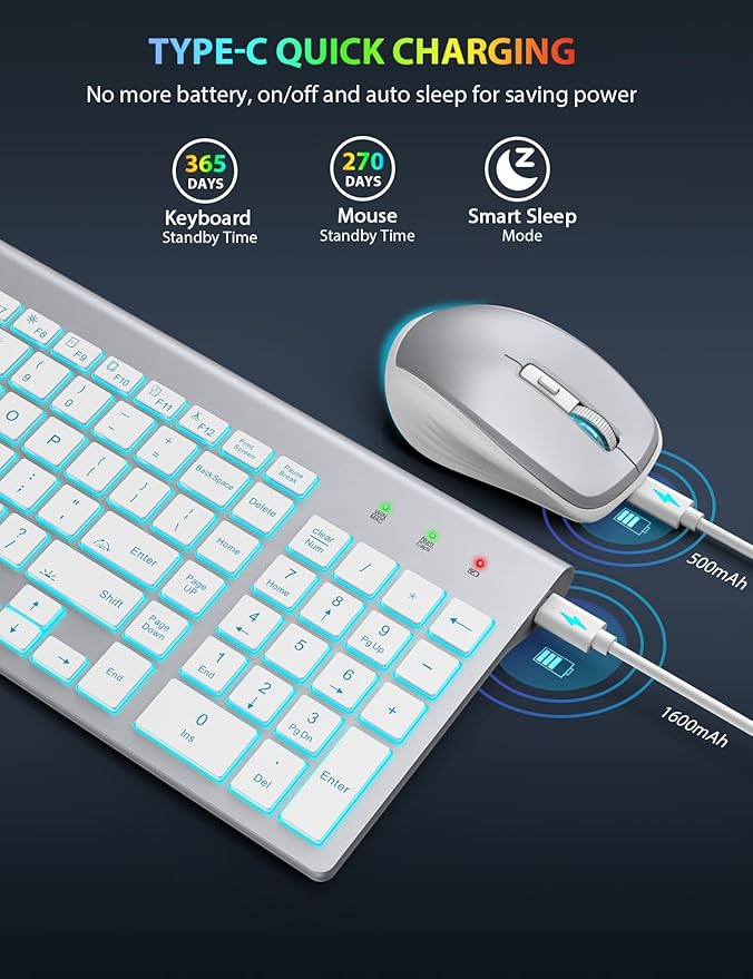 SABLUTE Wireless Keyboard and Mouse Combo Backlit - Compact Quiet Keyboard with RGB Mouse, Rechargeable, Slim, Sleep Mode, Portable Cordless Set for Mac, Windows, Laptop, PC (Silver White)