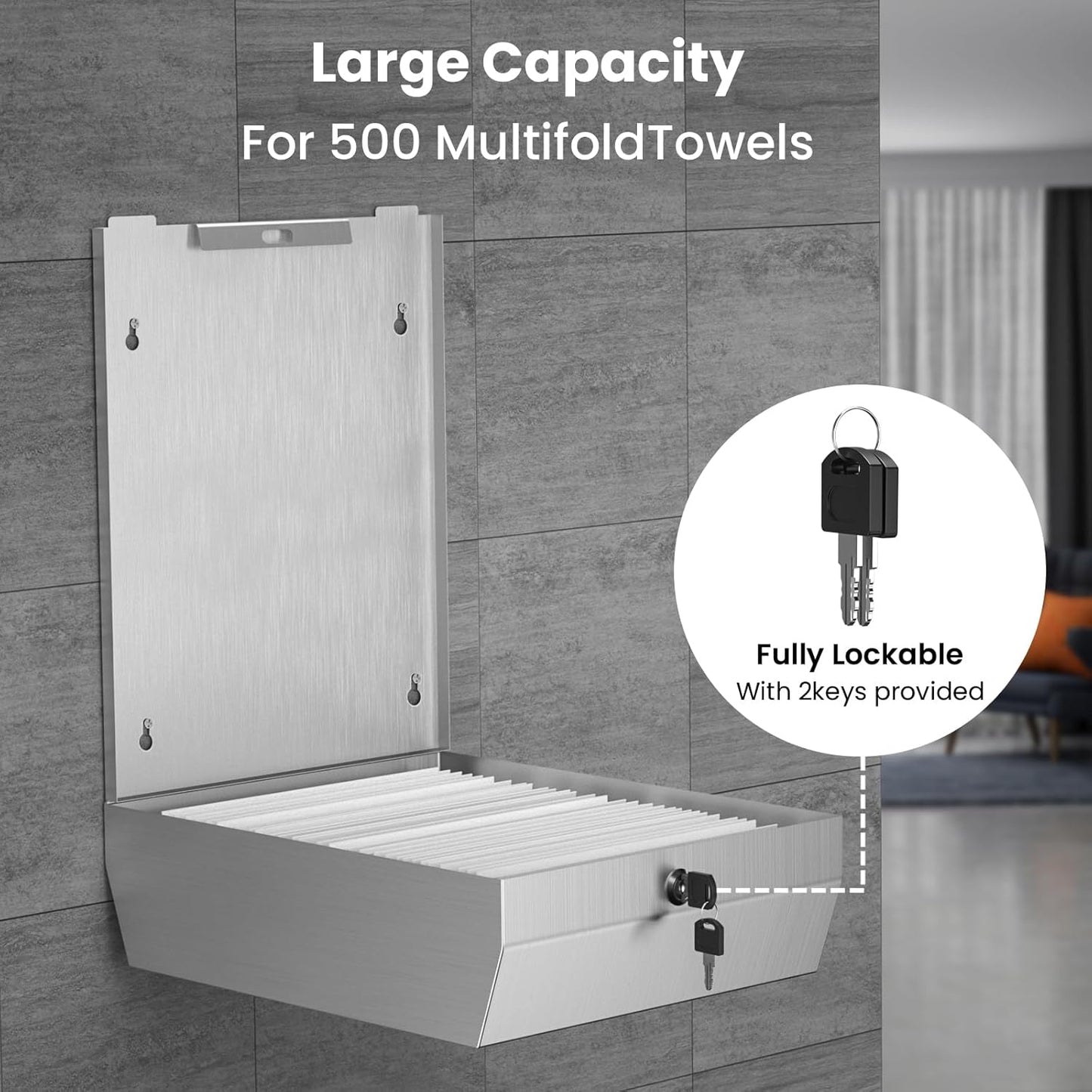 Paper Towel Dispenser Wall Mount Commercial, Stainless Steel Hand Towel Dispenser with Lock, c-fold/Multi-fold/Tri-fold Large Capacity Tissue Holder