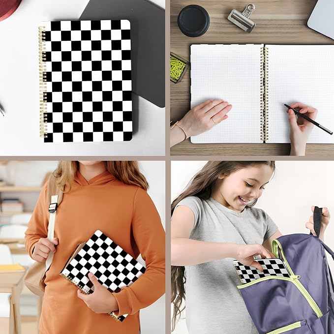 Cute Spiral Notebook journal A4 Aesthetic Pretty Design for Women Girls Kawaii with Pocket, 8.5 x 11 inch, Graph, Black Plaid