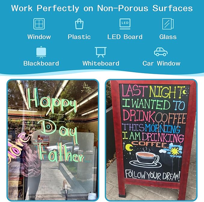 Car Window Markers for Glass Washable –10mm Liquid Chalk Car Paint Pen Wet Erasable, 8 Neon Chalk Markers for Big Chalkboard, Blackboard, Bistro, Glass, Mirrors, Auto Windshield