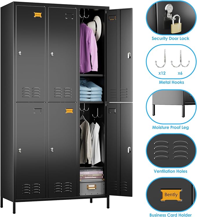 6 Doors Metal Locker for Employees with 18 Hooks and Business Card Holder,Metal Locker with Ventilation Holes for School Garage Office Gym Home,Assembly Required,Black