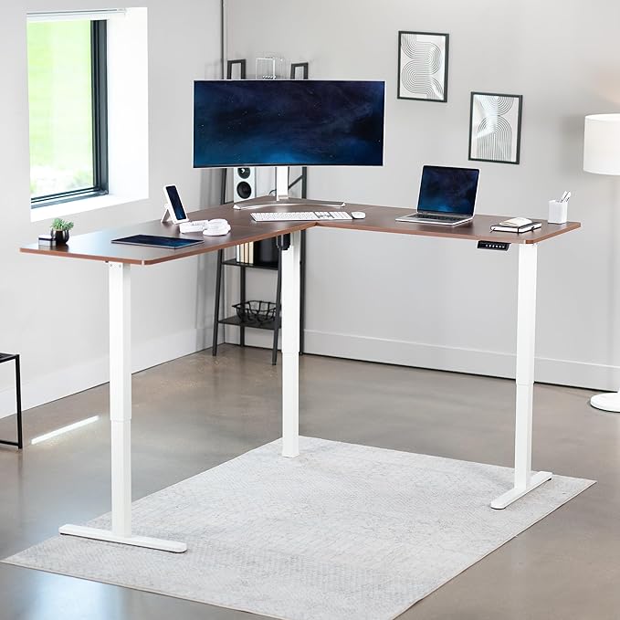 VIVO Electric Corner L-Shaped 75 x 63 in Standing Desk, Memory Height Adjustment, Dark Walnut Top White Frame, DESK-E3CTWD-75