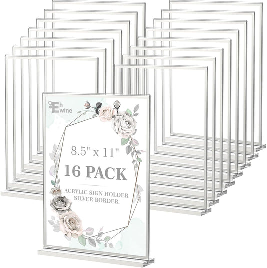 EHWINE 16 Pack Acrylic Sign Holder 8.5 x 11, Double-Sided Tabletop Silver Sign Holder, Clear Acrylic Picture Frame Menu Flyer Paper Holder Display Stand for Home Wedding Party (with Non-Slip Pads)