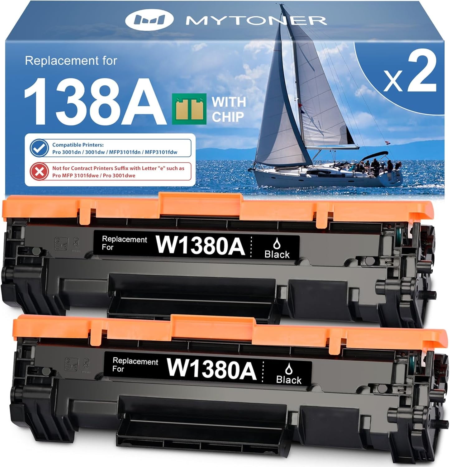 138A Black Toner Cartridge (with Chip) Compatible Replacement for HP 138A 138X W1380A W1380X Toner for Pro 3001dw 3001dn Pro MFP 3101fdw 3101fdn Printer (2 Pack)